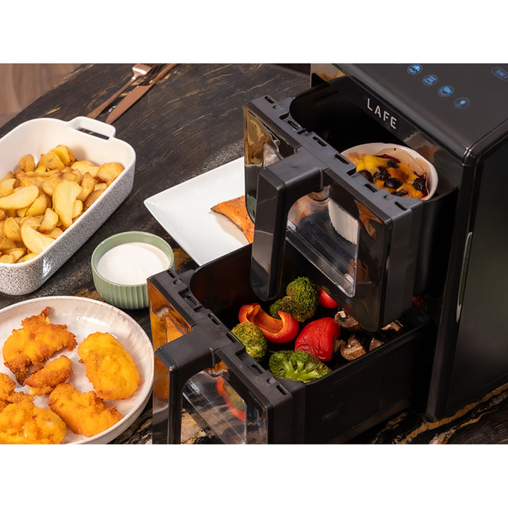 LAFE Fettfreie Fritteuse, Air Fryer, 2 Kammern 5 l, Leistung 2460 W, LCD-Display, Dual Fry