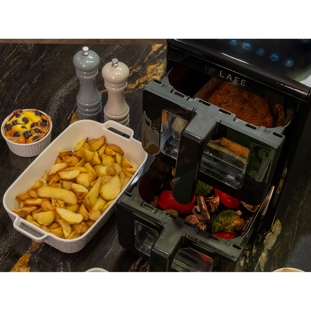 LAFE Fettfreie Fritteuse, Air Fryer, 2 Kammern 5 l, Leistung 2460 W, LCD-Display, Dual Fry
