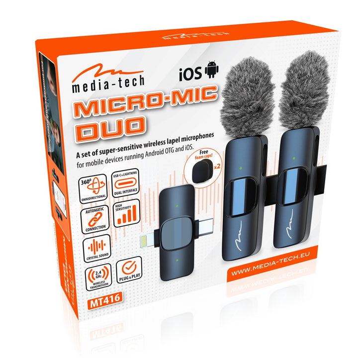 MICRO-MIC DUO – 2x drahtloses Ansteckmikrofon (Set), mit Clip, iOS & Android (OTG), mini, hochempfindlich. USB-C & LIGHTNING, Mediatech