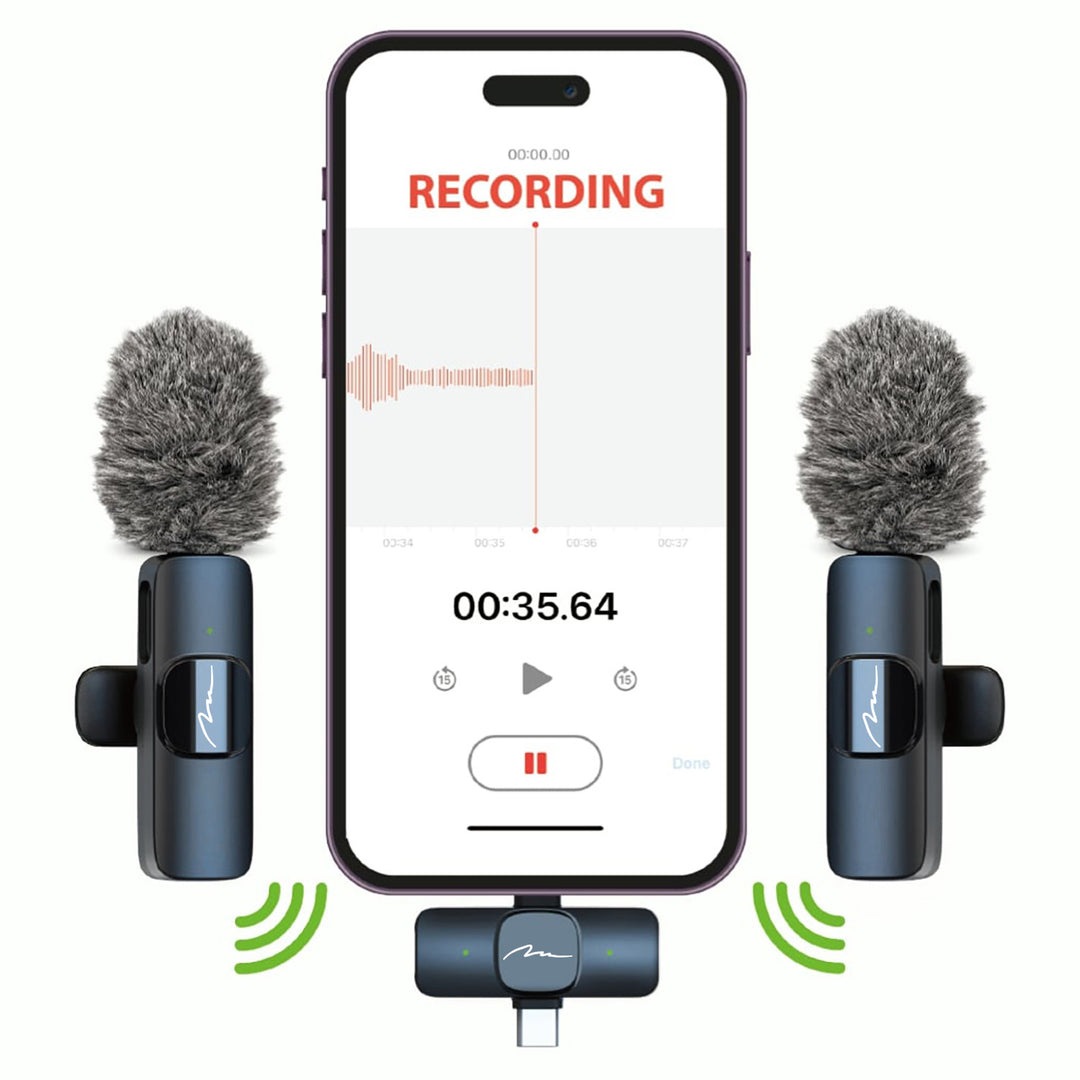 MICRO-MIC DUO – 2x drahtloses Ansteckmikrofon (Set), mit Clip, iOS & Android (OTG), mini, hochempfindlich. USB-C & LIGHTNING, Mediatech