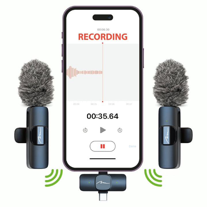 MICRO-MIC DUO – 2x drahtloses Ansteckmikrofon (Set), mit Clip, iOS & Android (OTG), mini, hochempfindlich. USB-C & LIGHTNING, Mediatech