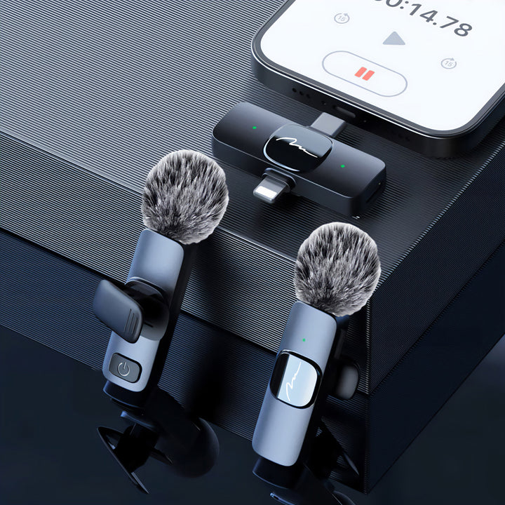 MICRO-MIC DUO – 2x drahtloses Ansteckmikrofon (Set), mit Clip, iOS & Android (OTG), mini, hochempfindlich. USB-C & LIGHTNING, Mediatech