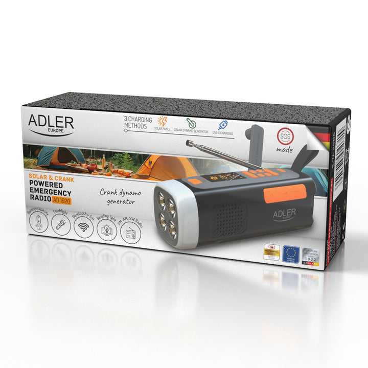 Adler Notfallradio mit Solarpanel, Kurbel und Powerbank, Bluetooth 5.0, 4-W-LED-Taschenlampe, 4500 mAh, AD 1920