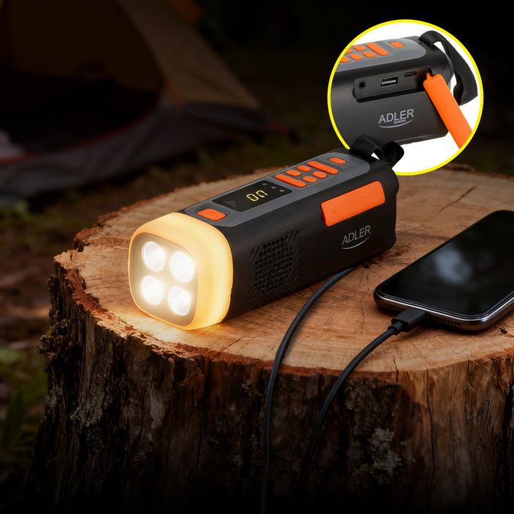 Adler Notfallradio mit Solarpanel, Kurbel und Powerbank, Bluetooth 5.0, 4-W-LED-Taschenlampe, 4500 mAh, AD 1920