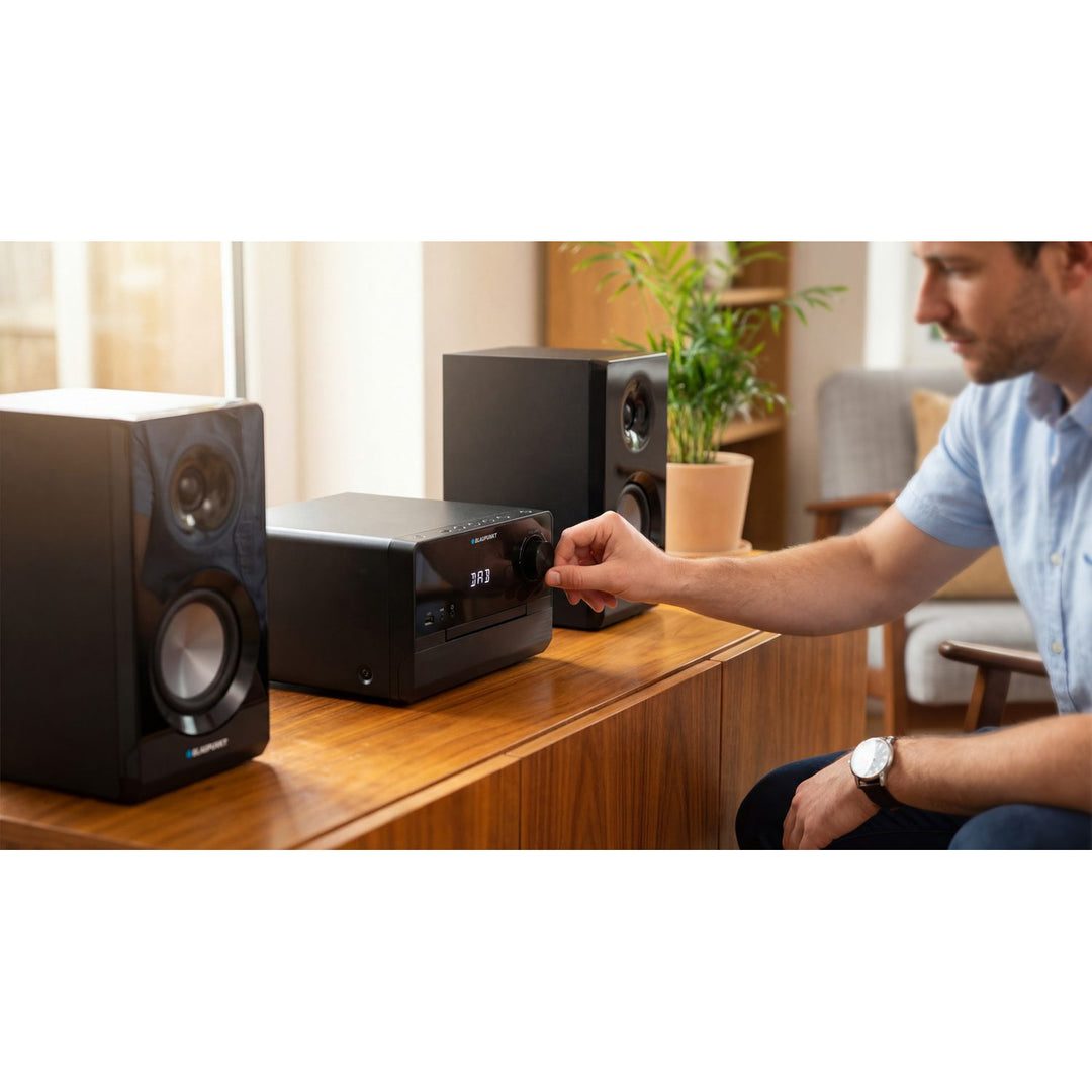 Blaupunkt Micro-Stereoanlage, 100 W RMS Leistung, DAB+-Tuner, LED-Display, FM-Radio, Teleskopantenne im Lieferumfang enthalten, HDMI-ARC-Anschluss, CD/MP3/USB/BT, Uhr mit Weckfunktion, MS49DAB