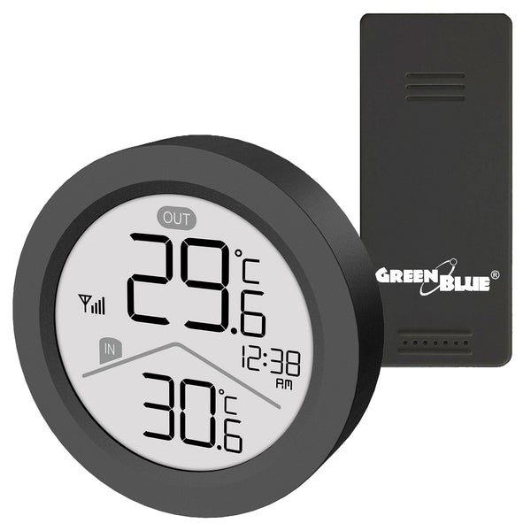 GreenBlue Funk-Wetterstation, Innen-/Außentemperatur, Uhr, wahlweise °C / °F, Reichweite bis zu 60 m, schwarz, GB162 B