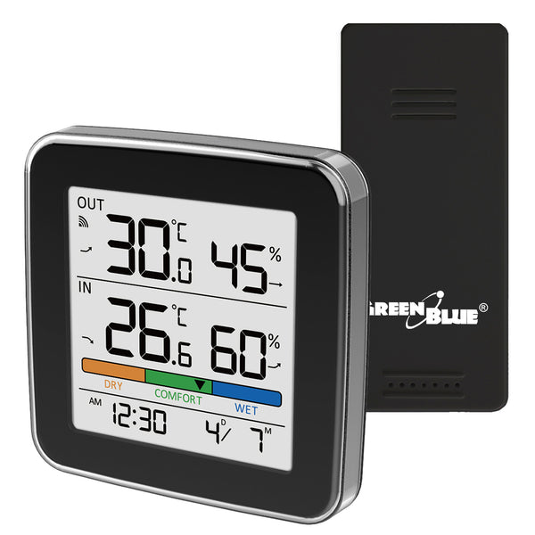 GreenBlue Funk-Wetterstation, Temperatur + Luftfeuchtigkeit IN/OUT, Uhr + Wecker + Datum, °C / °F, bis zu 60 m, schwarz, GB169 B