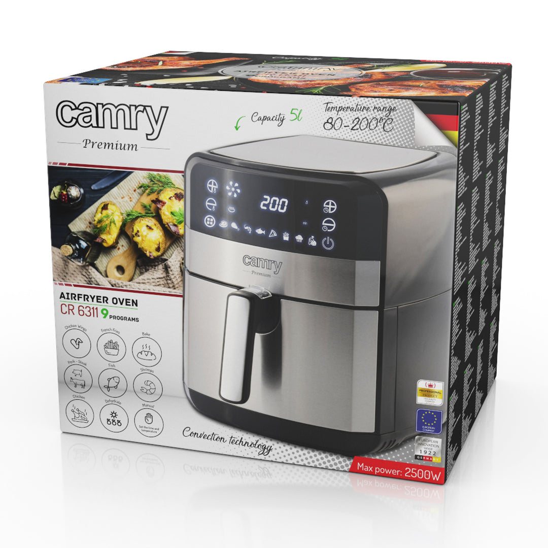 Fettfreie Fritteuse, 9 Programme, 5,0 l, Airfryer, Camry CR 6311 + Papier-Einsätze für die Fritteuse, 16 cm, biologisch abbaubar, 100 Stück