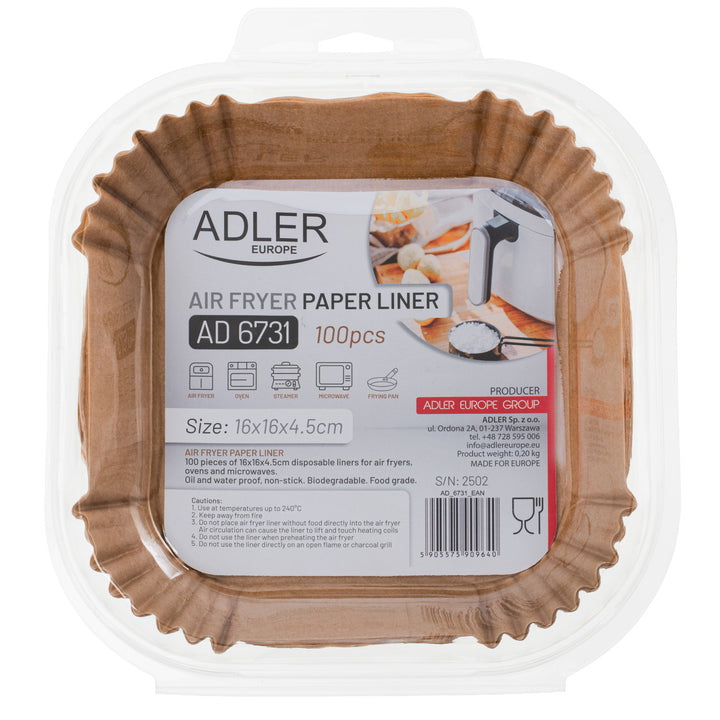 Fettfreie Fritteuse, 9 Programme, 5,0 l, Airfryer, Camry CR 6311 + Papier-Einsätze für die Fritteuse, 16 cm, biologisch abbaubar, 100 Stück