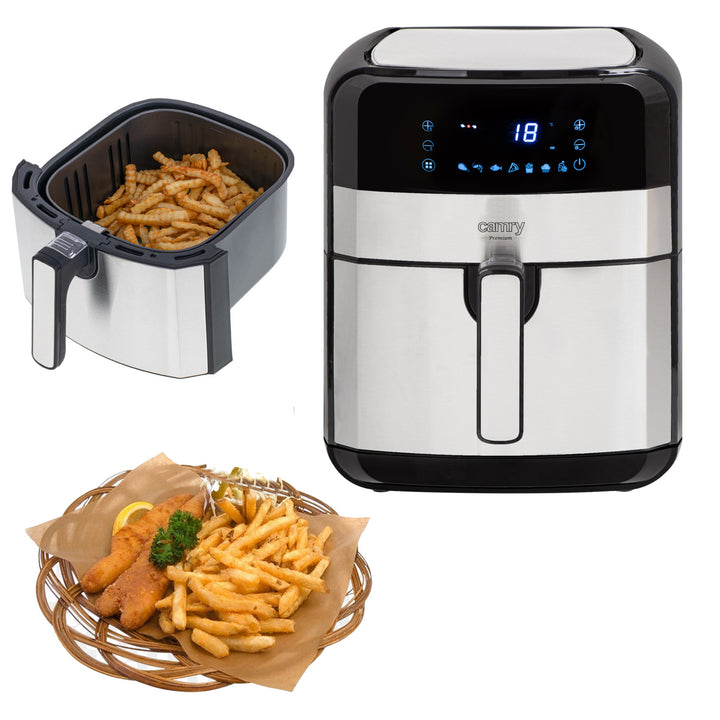 Fettfreie Fritteuse, 9 Programme, 5,0 l, Airfryer, Camry CR 6311 + Papier-Einsätze für die Fritteuse, 16 cm, biologisch abbaubar, 100 Stück