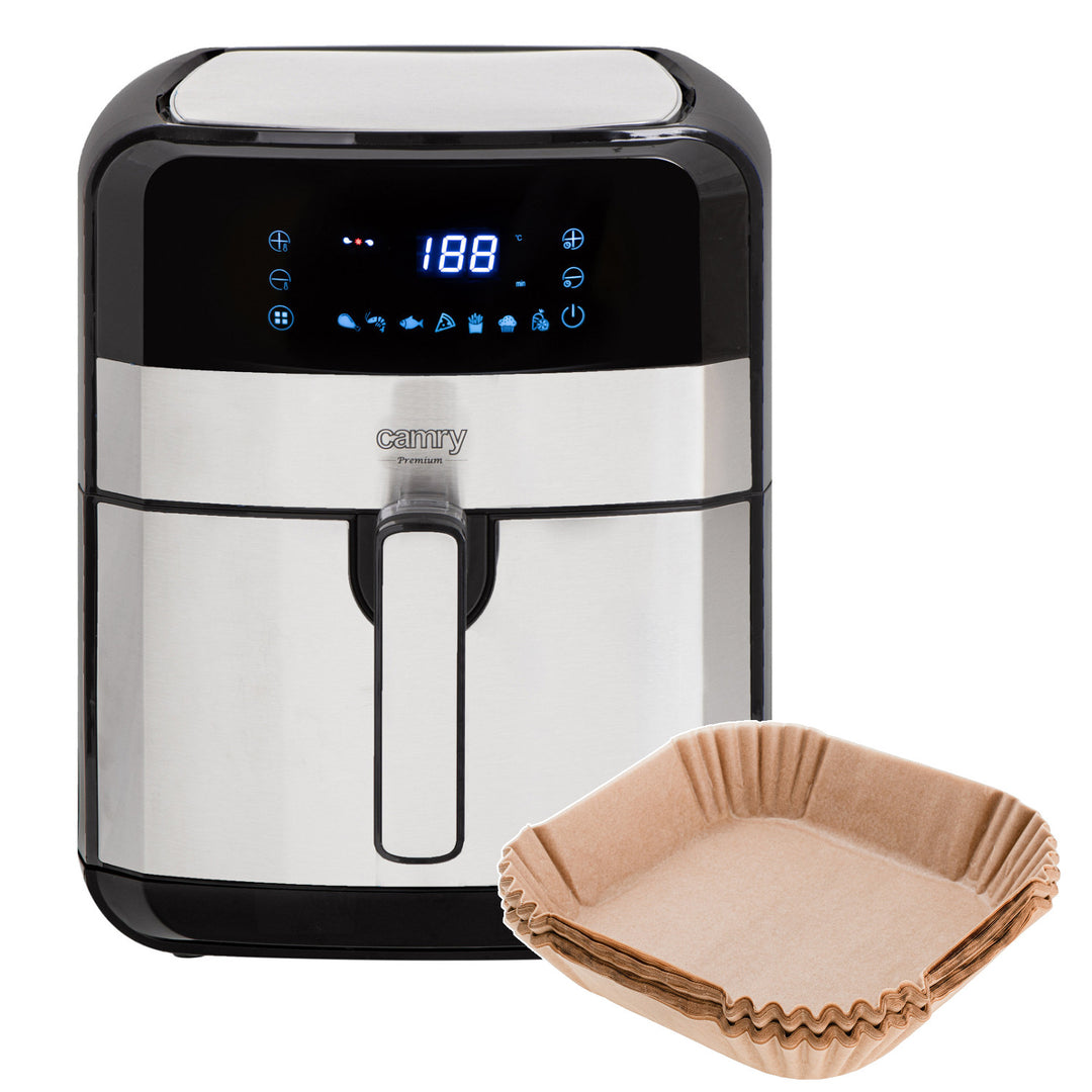 Fettfreie Fritteuse, 9 Programme, 5,0 l, Airfryer, Camry CR 6311 + Papier-Einsätze für die Fritteuse, 16 cm, biologisch abbaubar, 100 Stück