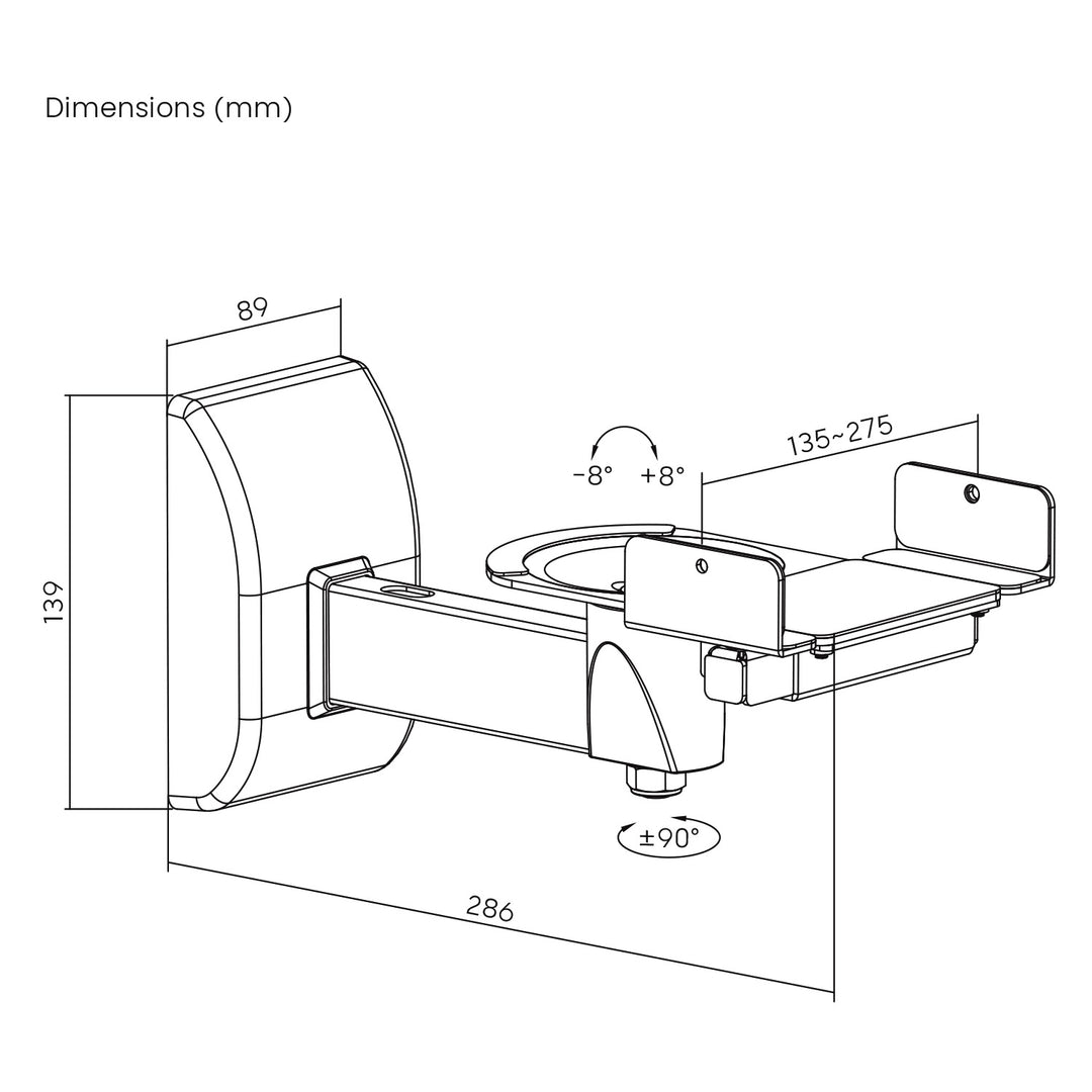 Halterungsset für Maclean-Lautsprecher, universell einsetzbar, vertikal verstellbar von +8° bis -8° und horizontal von +90° bis -90°, max. 15 kg, MC-917