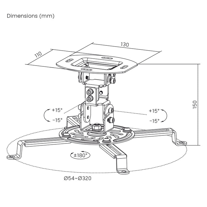 Deckenhalterung für Maclean-Projektoren, 54–320 mm, bis zu 13,5 kg, 360-Grad-Drehung, MC-200 B