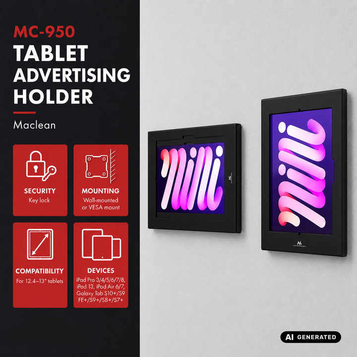 Maclean-Werbehalterung für Tablets, mit Verriegelung, 12,4"–13", iPad Air/Pro, Samsung Tab S10+/S9+/S8+/S7+, 257 × 350 × 22 mm, MC-950 B