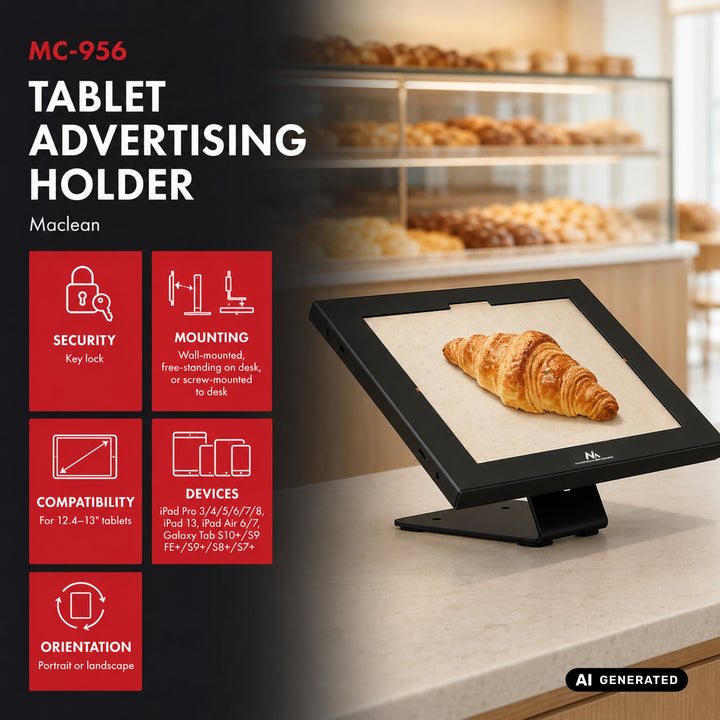 Maclean-Werbehalterung für Tablets, mit Verriegelung, 12,4"–13", iPad Air/Pro, Samsung Tab S10+/S9+/S8+/S7+, 257 × 350 × 22 mm, MC-956 B