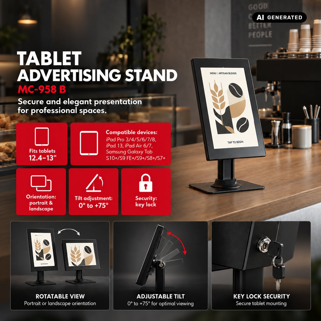 Maclean-Tablet-Halterung mit Verriegelung. 12,4"–13", iPad Air/Pro, Samsung Tab S10+/S9+/S8+/S7+, 257 × 350 × 22 mm, MC-958 B