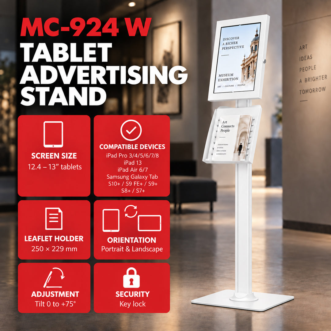 Maclean-Werbehalterung für Tablets, mit Arretierung, 12,4"–13", iPad Air/Pro, Samsung Tab S10+/S9+/S8+/S7+, 257 × 350 × 22 mm, MC-924 W