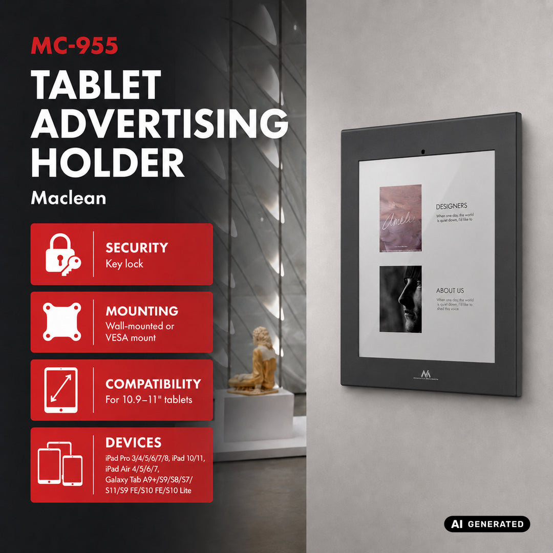 Maclean-Werbehalterung für Tablets, mit Verriegelung, 10,9"–11", iPad Air/Pro, Samsung Tab A- und S-Serie, 220 × 323 × 22 mm, MC-955 B