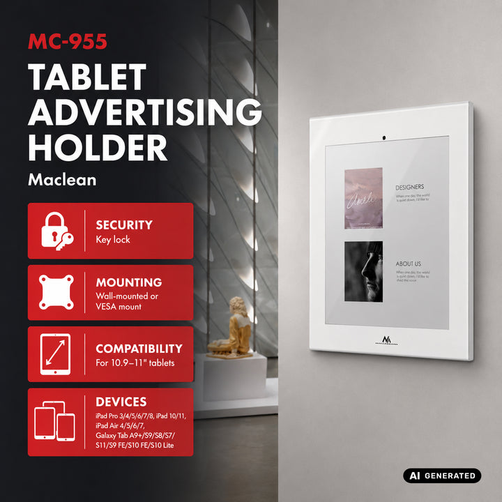 Maclean-Werbehalterung für Tablets, mit Verriegelung, 10,9"-11", iPad Air/Pro, Samsung Tab A- und S-Serie, 220 × 323 × 22 mm, MC-955 W