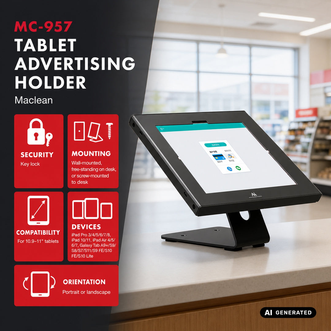 Maclean-Werbehalterung für Tablets, mit Verriegelung, 10,9"–11", iPad Air/Pro, Samsung Tab A- und S-Serie, 220 × 323 × 22 mm, MC-957 B