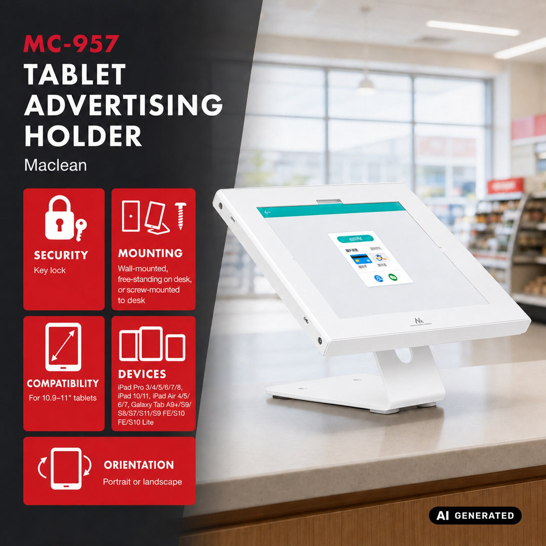 Maclean-Werbehalterung für Tablets, mit Verriegelung, 10,9"–11", iPad Air/Pro, Samsung Tab A- und S-Serie, 220 × 323 × 22 mm, MC-957 W