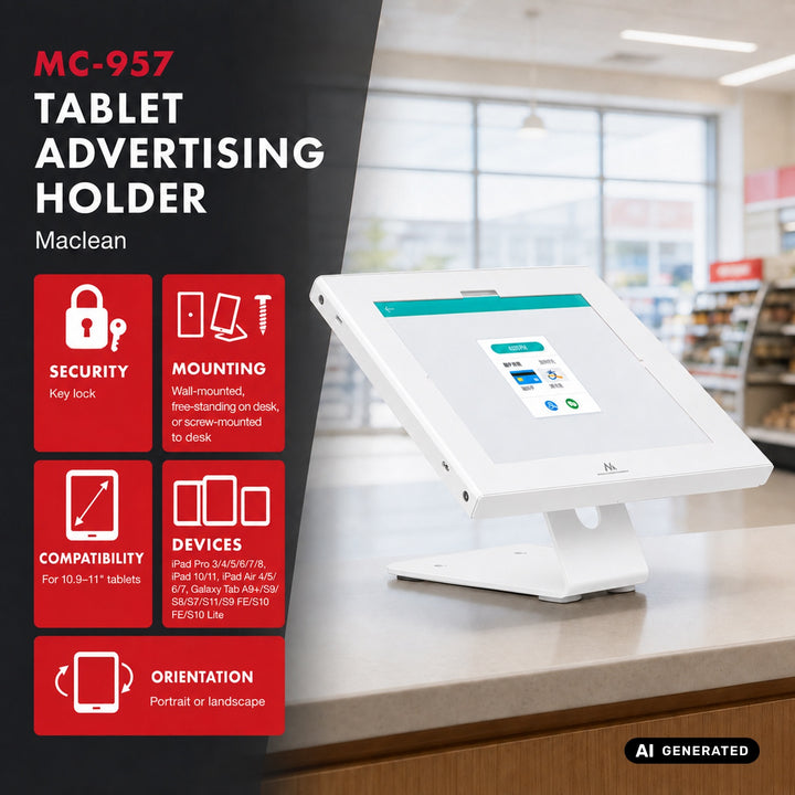 Maclean-Werbehalterung für Tablets, mit Verriegelung, 10,9"–11", iPad Air/Pro, Samsung Tab A- und S-Serie, 220 × 323 × 22 mm, MC-957 W