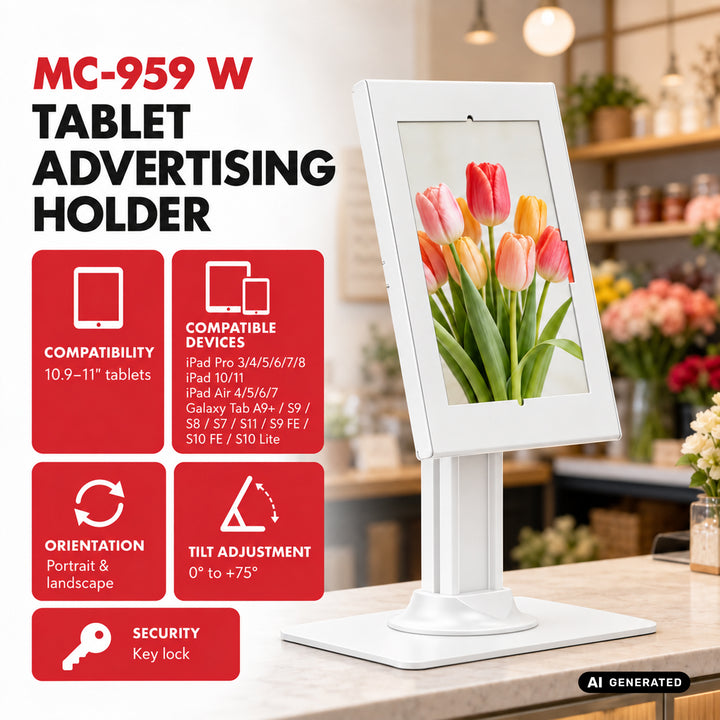 Maclean-Werbehalterung für Tablets, mit Verriegelung, 10,9"–11", iPad Air/Pro, Samsung Tab A- und S-Serie, 220 × 323 × 22 mm, MC-959 W