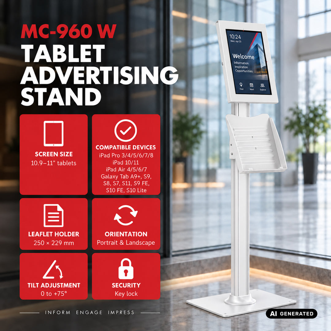 Maclean-Werbehalterung für Tablets, mit Verriegelung, 10,9"–11", iPad Air/Pro, Samsung Tab A- und S-Serie, 220 × 323 × 22 mm, MC-960 W