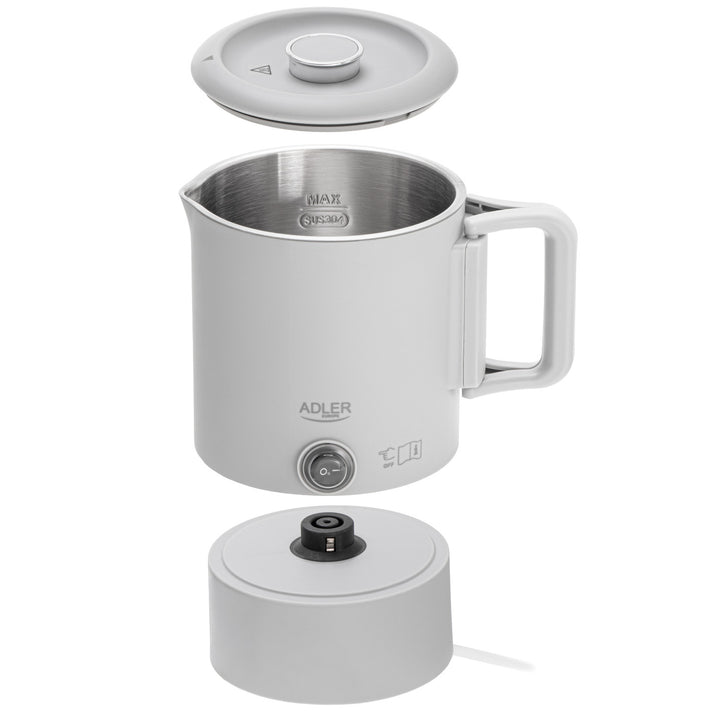 Adler Wasserkocher, Reise-Wasserkocher, doppelwandig, Fassungsvermögen 0,8 l, Leistung max. 650 W, grau, AD 1388