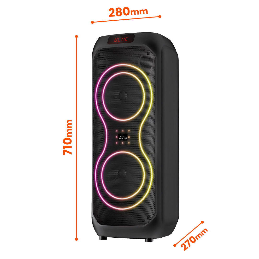 Großer Bluetooth-Lautsprecher, 120 W RMS/1400 W PMPO, zwei 8-Zoll-Lautsprecher, Equalizer, Karaoke-Funktion, MP3/microSD-Karten, USB, AUX, BT 5.3+EDR, Display, LED, integrierter Akku, Fernbedienung, MT3185