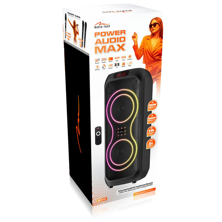 Großer Bluetooth-Lautsprecher, 120 W RMS/1400 W PMPO, zwei 8-Zoll-Lautsprecher, Equalizer, Karaoke-Funktion, MP3/microSD-Karten, USB, AUX, BT 5.3+EDR, Display, LED, integrierter Akku, Fernbedienung, MT3185