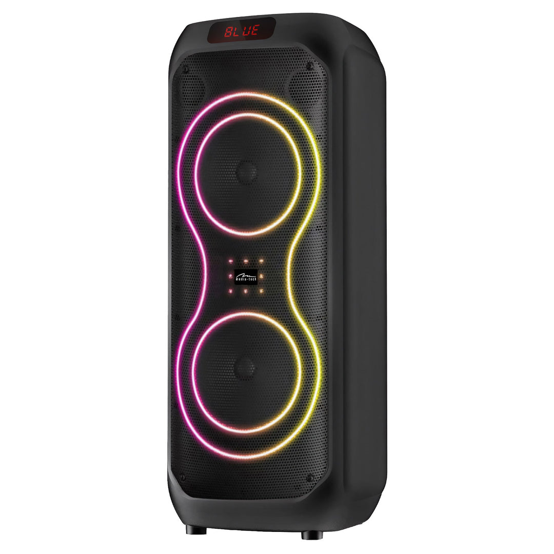 Großer Bluetooth-Lautsprecher, 120 W RMS/1400 W PMPO, zwei 8-Zoll-Lautsprecher, Equalizer, Karaoke-Funktion, MP3/microSD-Karten, USB, AUX, BT 5.3+EDR, Display, LED, integrierter Akku, Fernbedienung, MT3185