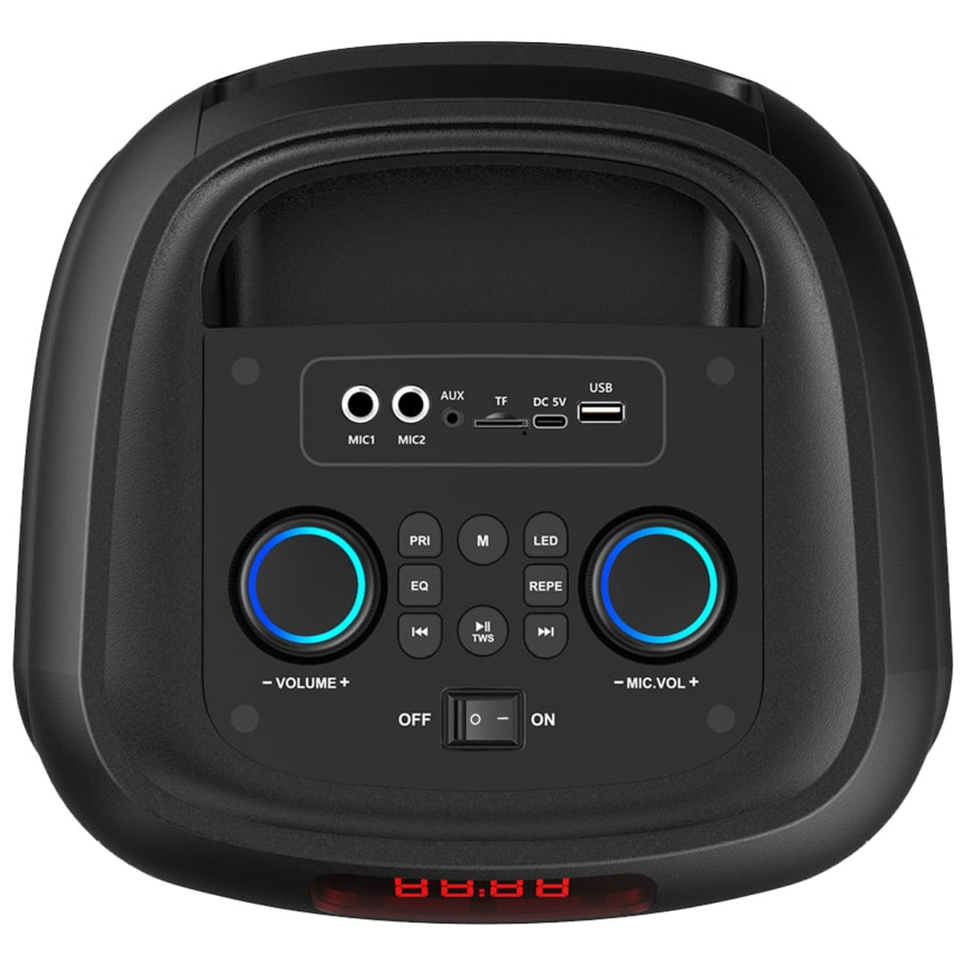 Großer Bluetooth-Lautsprecher, 120 W RMS/1400 W PMPO, zwei 8-Zoll-Lautsprecher, Equalizer, Karaoke-Funktion, MP3/microSD-Karten, USB, AUX, BT 5.3+EDR, Display, LED, integrierter Akku, Fernbedienung, MT3185