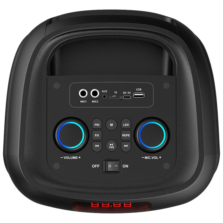 Großer Bluetooth-Lautsprecher, 120 W RMS/1400 W PMPO, zwei 8-Zoll-Lautsprecher, Equalizer, Karaoke-Funktion, MP3/microSD-Karten, USB, AUX, BT 5.3+EDR, Display, LED, integrierter Akku, Fernbedienung, MT3185