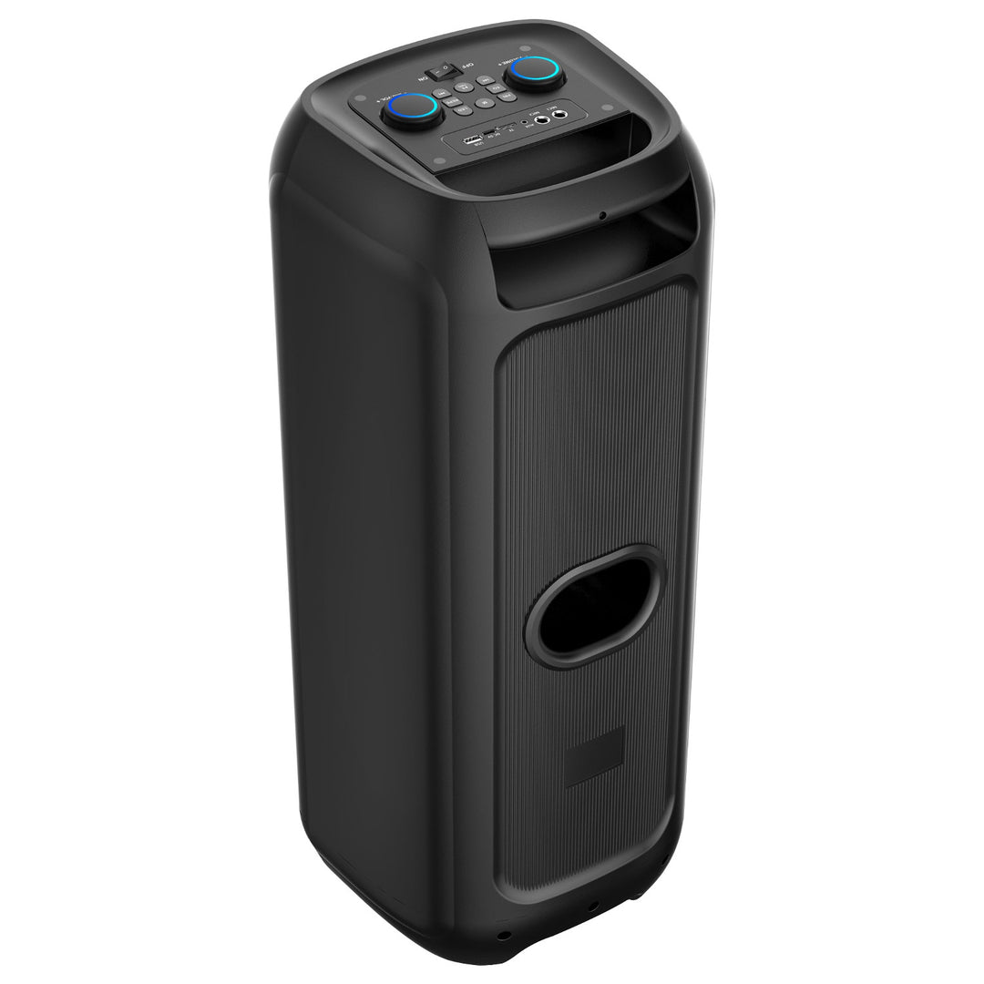 Großer Bluetooth-Lautsprecher, 120 W RMS/1400 W PMPO, zwei 8-Zoll-Lautsprecher, Equalizer, Karaoke-Funktion, MP3/microSD-Karten, USB, AUX, BT 5.3+EDR, Display, LED, integrierter Akku, Fernbedienung, MT3185