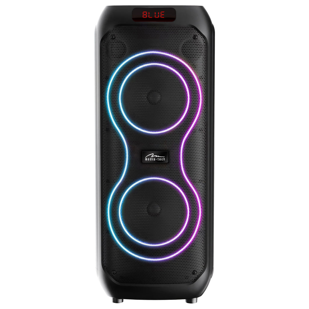 Großer Bluetooth-Lautsprecher, 120 W RMS/1400 W PMPO, zwei 8-Zoll-Lautsprecher, Equalizer, Karaoke-Funktion, MP3/microSD-Karten, USB, AUX, BT 5.3+EDR, Display, LED, integrierter Akku, Fernbedienung, MT3185