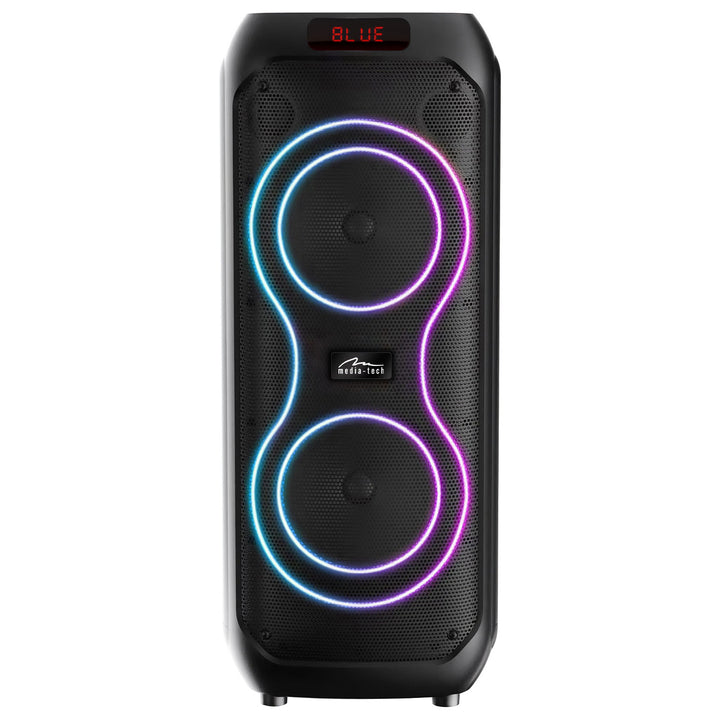 Großer Bluetooth-Lautsprecher, 120 W RMS/1400 W PMPO, zwei 8-Zoll-Lautsprecher, Equalizer, Karaoke-Funktion, MP3/microSD-Karten, USB, AUX, BT 5.3+EDR, Display, LED, integrierter Akku, Fernbedienung, MT3185
