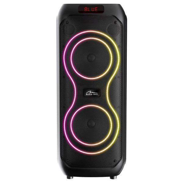 Großer Bluetooth-Lautsprecher, 120 W RMS/1400 W PMPO, zwei 8-Zoll-Lautsprecher, Equalizer, Karaoke-Funktion, MP3/microSD-Karten, USB, AUX, BT 5.3+EDR, Display, LED, integrierter Akku, Fernbedienung, MT3185