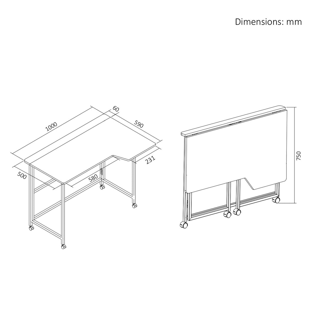 Klappbarer Schreibtisch „Maclean“, schwarz, fahrbar, 100 x 65 cm, max. 50 kg, eckig, L-Form, MC-1250 L/B