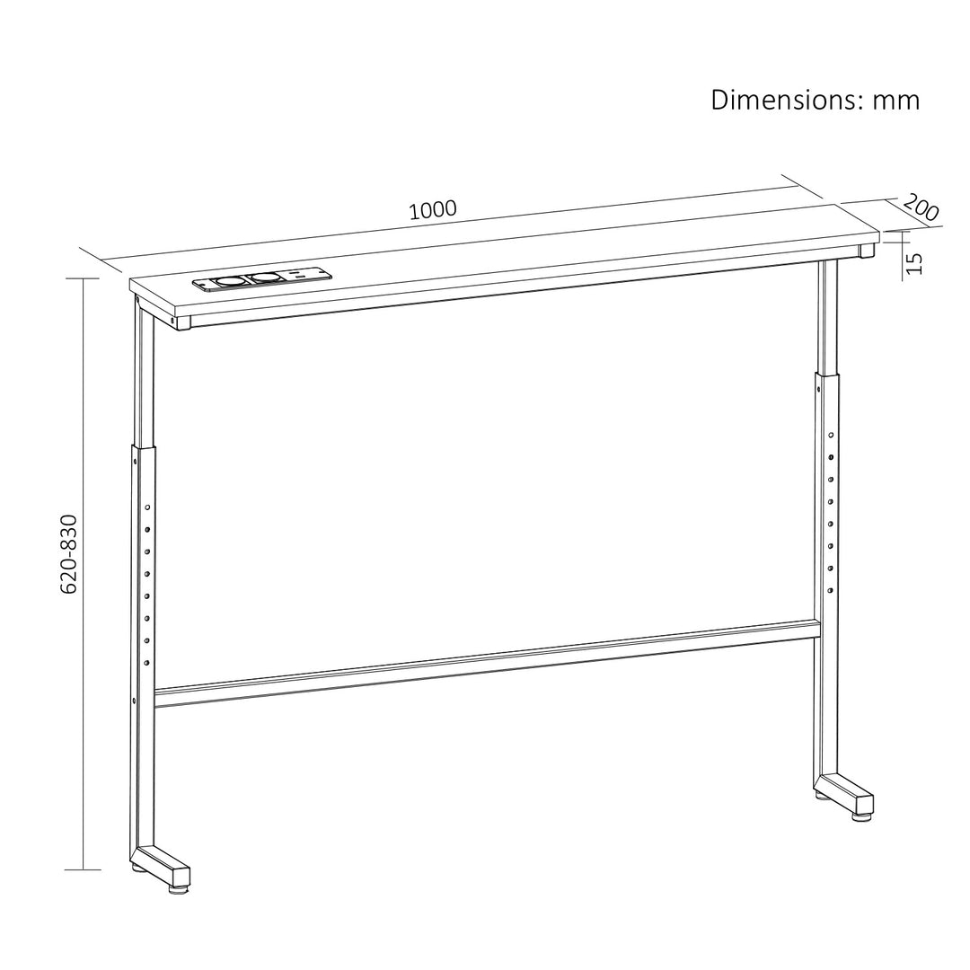 Konsole / Beistelltisch mit Ladeanschluss „Maclean“, schwarz mit rustikaler Tischplatte, höhenverstellbar von 62 bis 83 cm, max. 25 kg, Kabel 2,5 m, MC-140 B