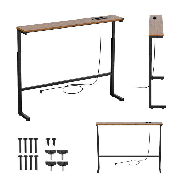Konsole / Beistelltisch mit Ladeanschluss „Maclean“, schwarz mit rustikaler Tischplatte, höhenverstellbar von 62 bis 83 cm, max. 25 kg, Kabel 2,5 m, MC-140 B