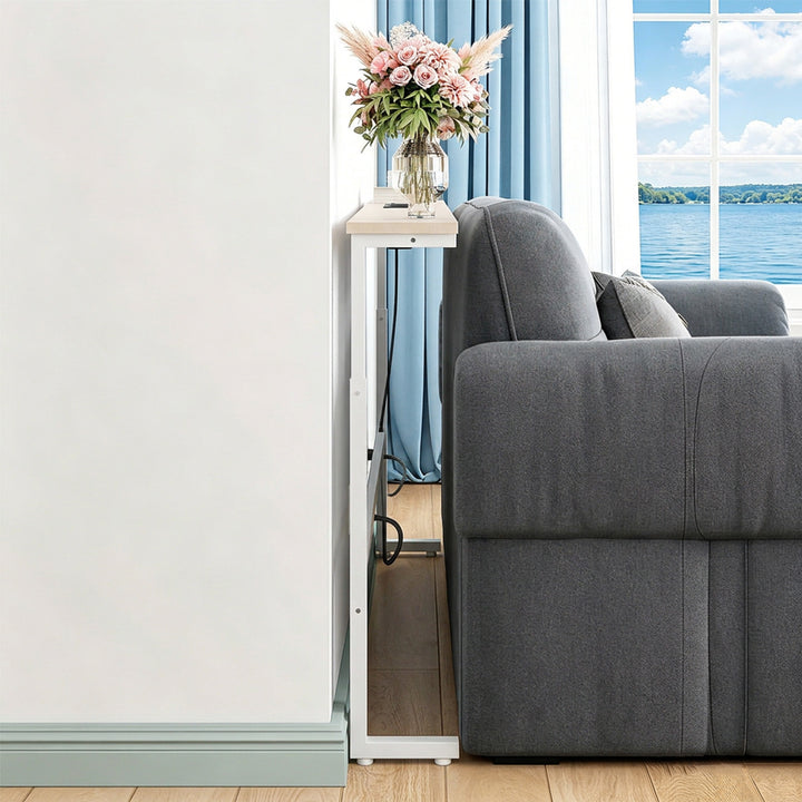 Maclean-Konsole/Beistelltisch mit Ladeleiste, weiß mit heller Tischplatte, höhenverstellbar von 62 bis 83 cm, max. 25 kg, Kabel 2,5 m, MC-140 W