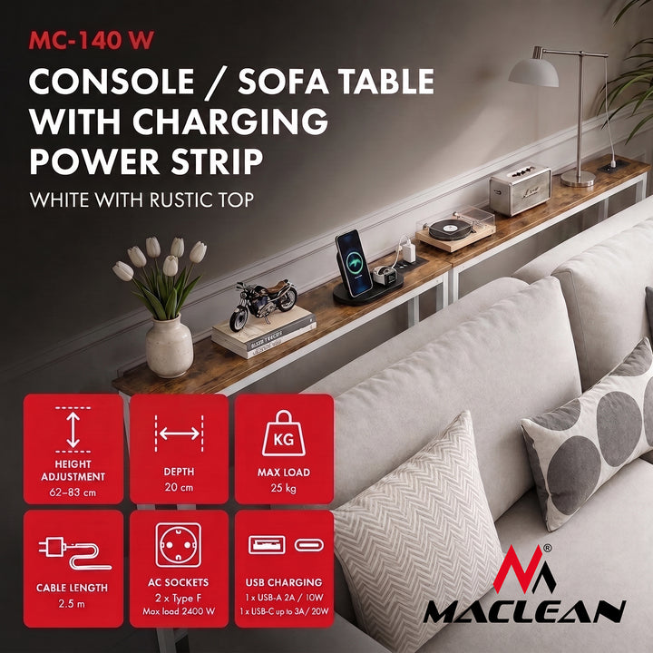 Maclean-Konsole/Beistelltisch mit Ladeleiste, weiß mit heller Tischplatte, höhenverstellbar von 62 bis 83 cm, max. 25 kg, Kabel 2,5 m, MC-140 W