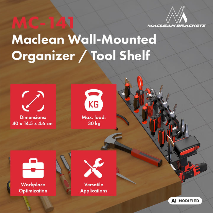Maclean Wandorganizer / Werkzeugregal, schwarz, Maße 40 x 14,5 x 4,6 cm, max. 30 kg, MC-141