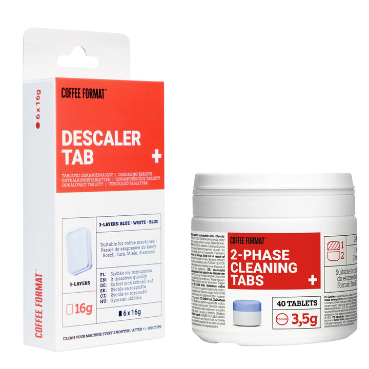 Set mit Reinigungstabletten für Kaffeemaschinen, 2-Phase Cleaning TABS+ 40 x 3,5 g + Entkalkungstabletten für Kaffeemaschinen, Descaler Tab+ 6 x 16 g