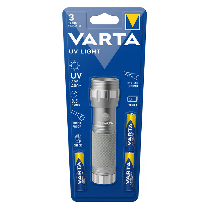 UV-LED-Taschenlampe 15638 aus Aluminium, UV-Wellenlänge 395–400 nm, Multi-LED-Technologie + Varta-Batterien im Lieferumfang enthalten