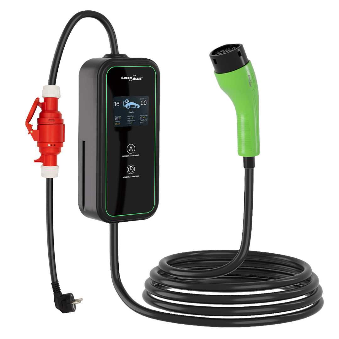 GreenBlue-Ladegerät für Elektrofahrzeuge (EV) und Plug-in-Hybridfahrzeuge (PHEV), tragbar, Typ 2, Kabellänge 6,8 m, IP65, 11 kW, 220–380 V Wechselstrom, 50/60 Hz, 16 A, 3-phasig, GB1100