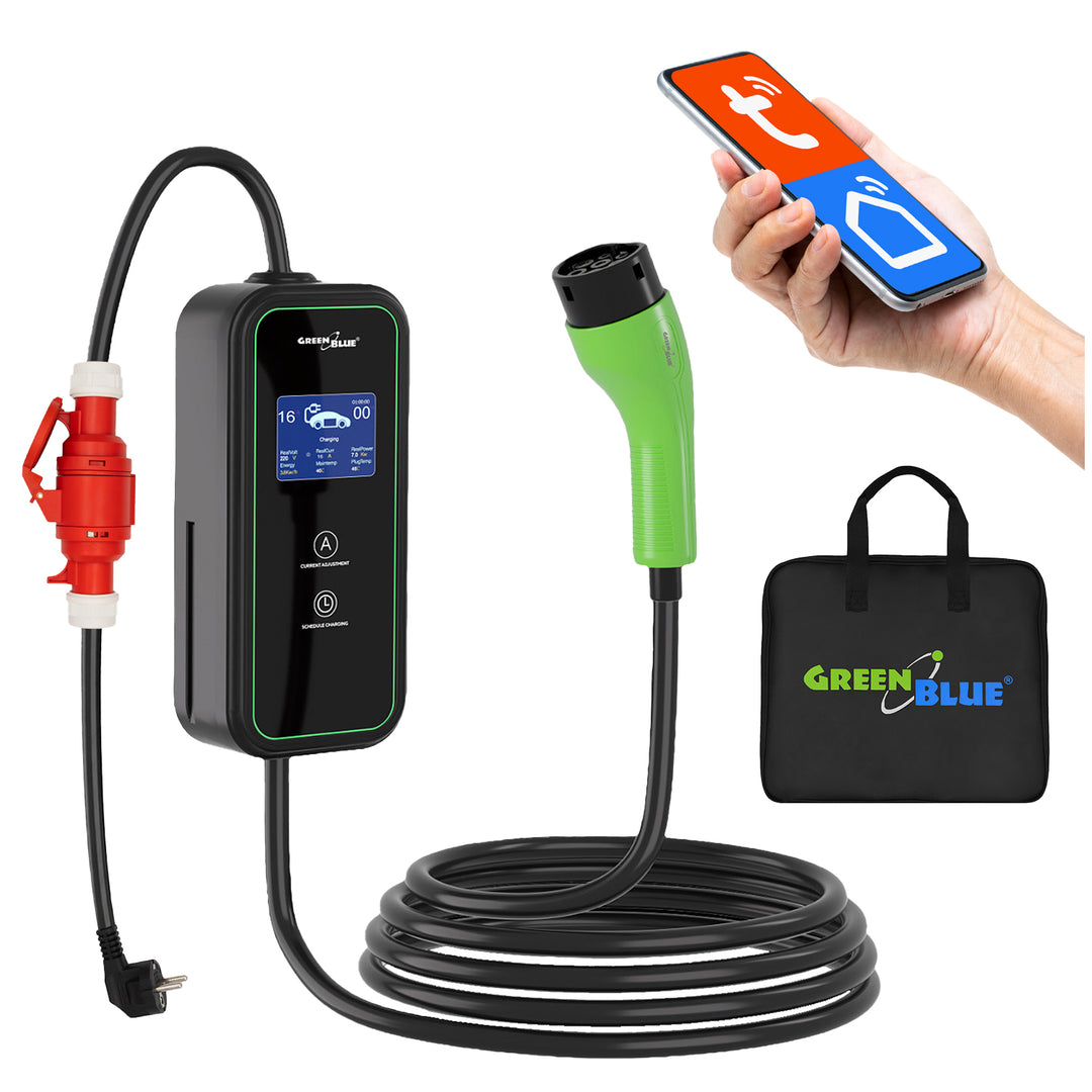 GreenBlue-Ladegerät für Elektrofahrzeuge (EV) und Plug-in-Hybridfahrzeuge (PHEV), tragbar, Typ 2, Kabellänge 6,8 m, IP65, 11 kW, 220–380 V Wechselstrom, 50/60 Hz, 16 A, 3-phasig, GB1100