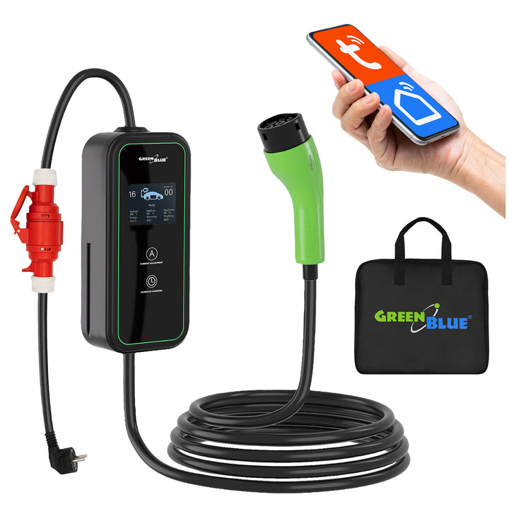GreenBlue-Ladegerät für Elektrofahrzeuge (EV) und Plug-in-Hybridfahrzeuge (PHEV), tragbar, Typ 2, Kabellänge 6,8 m, IP65, 11 kW, 220–380 V Wechselstrom, 50/60 Hz, 16 A, 3-phasig, GB1100