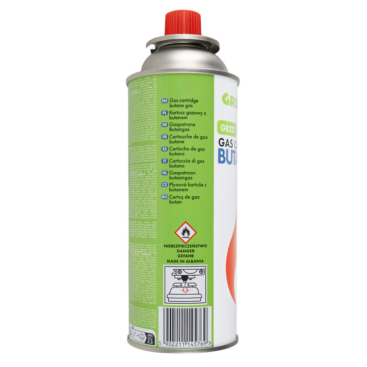 2 Gaspatronen à 227 g GreenBlue. Zertifikat: Pi 0875, entspricht der Norm EN 417, Butan, Einsatzbereich -10 °C bis +40 °C, GB227